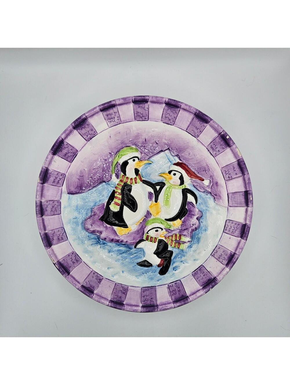 Hand Painted Penguin Cake Stand Pedestal Plate Christmas Dessert Plate